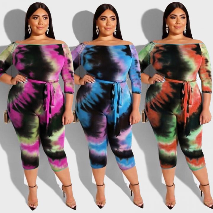 European style tight belt printing sexy jumpsuit for women