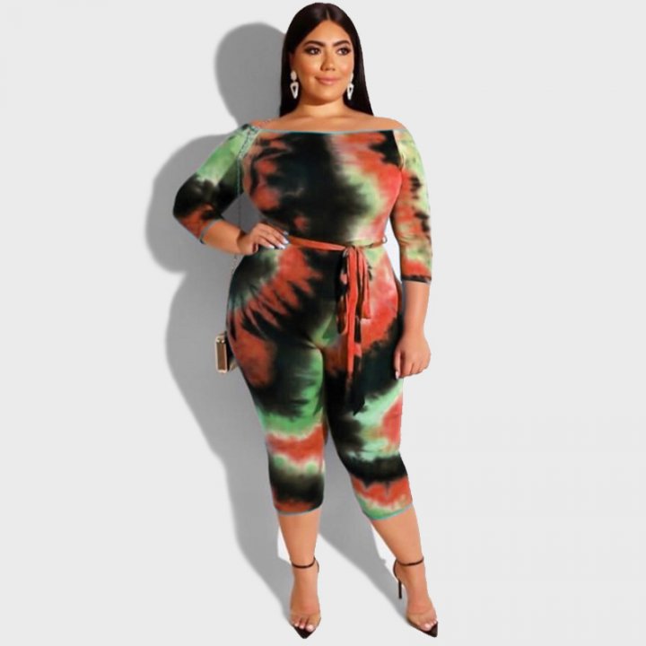 European style tight belt printing sexy jumpsuit for women