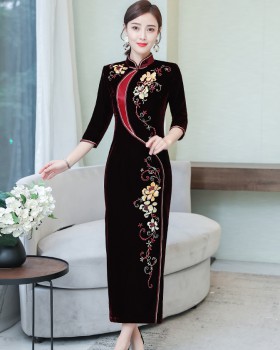 Long velvet cheongsam autumn middle-aged dress
