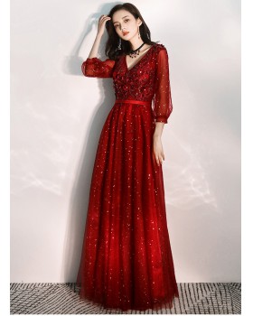 Long sleeve V-neck wine-red long wedding evening dress for women