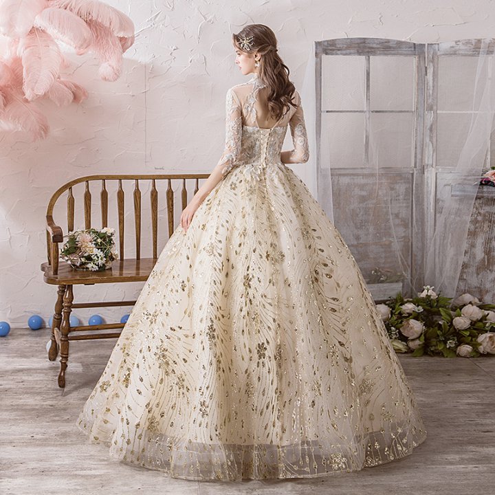 Flat shoulder sweet bride trailing formal dress