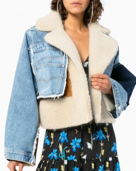 Denim lapel tops mixed colors long sleeve coat for women