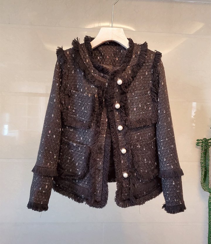 Pearl buckle spring and autumn woolen coat