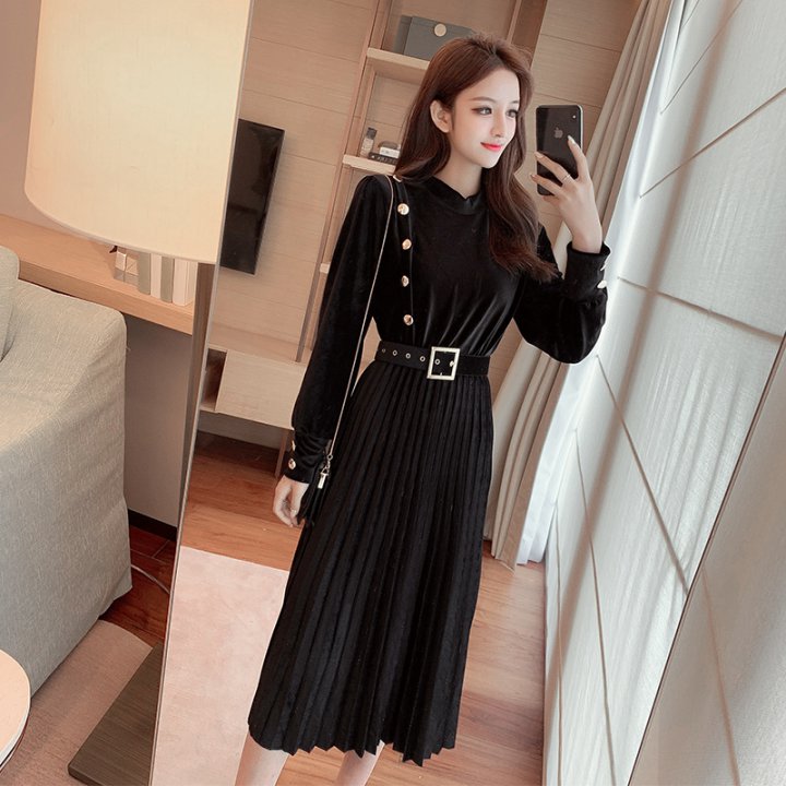 Bottoming watkins with belt slim pleated long dress for women