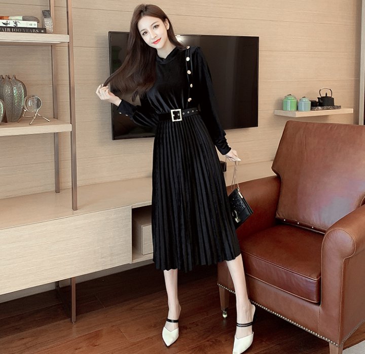 Bottoming watkins with belt slim pleated long dress for women