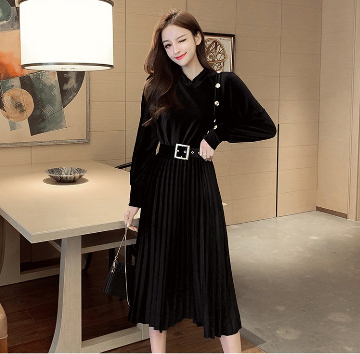 Bottoming watkins with belt slim pleated long dress for women