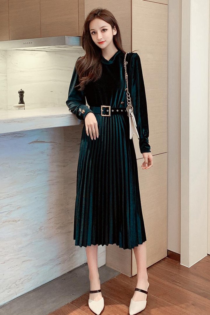 Bottoming watkins with belt slim pleated long dress for women