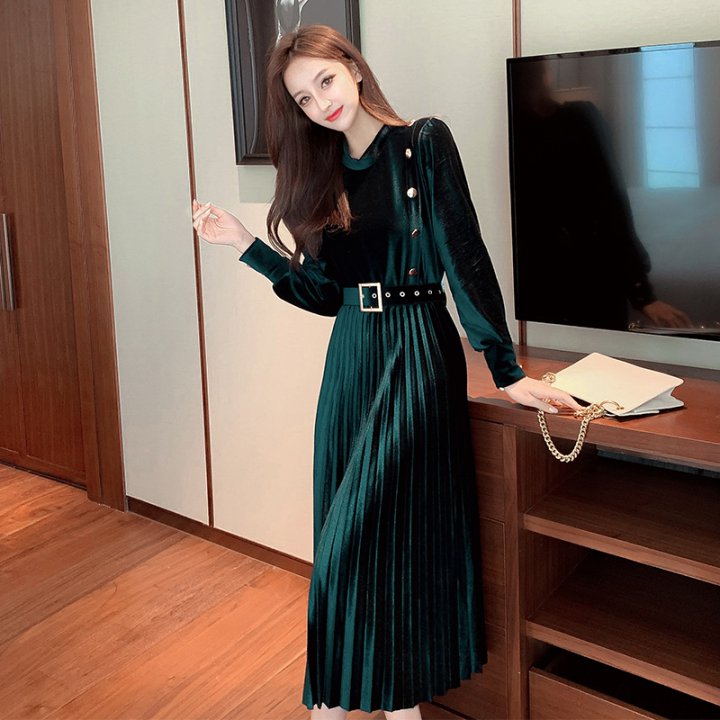 Bottoming watkins with belt slim pleated long dress for women