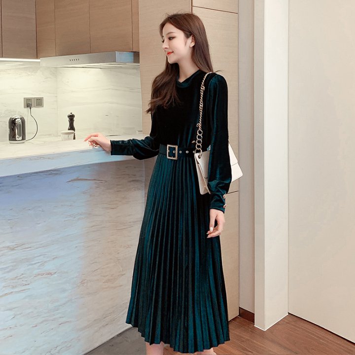 Bottoming watkins with belt slim pleated long dress for women