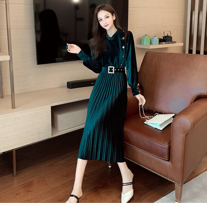 Bottoming watkins with belt slim pleated long dress for women