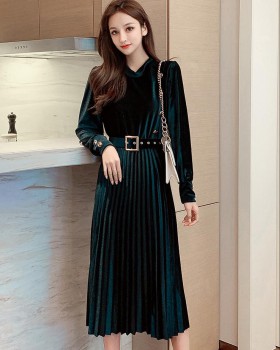 Bottoming watkins with belt slim pleated long dress for women