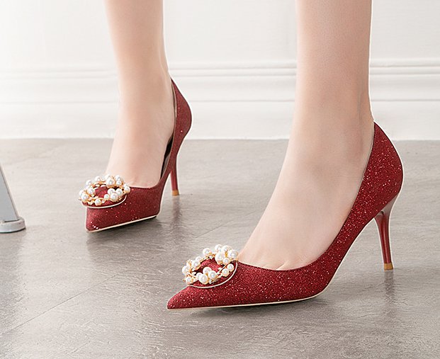 Bride red sexy wedding shoes wedding pointed slim shoes