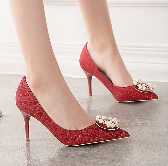 Bride red sexy wedding shoes wedding pointed slim shoes
