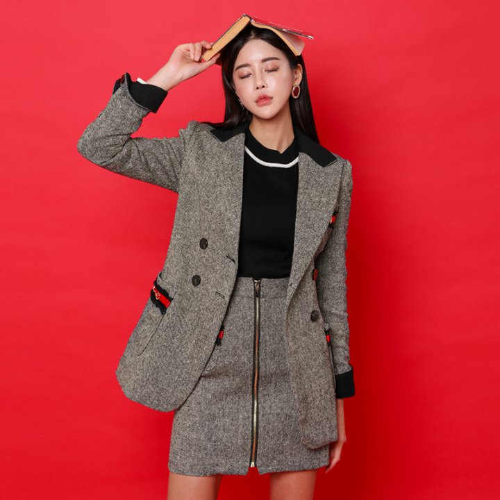 Winter woolen coat fashion and elegant skirt 2pcs set