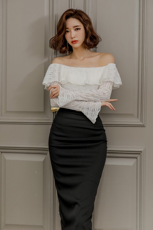 Korean style slim tops lace skirt 2pcs set