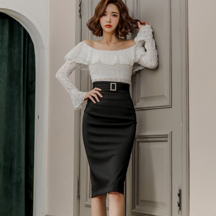 Korean style slim tops lace skirt 2pcs set