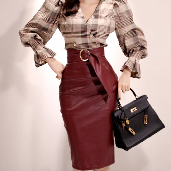 High waist skirt Korean style leather skirt a set for women