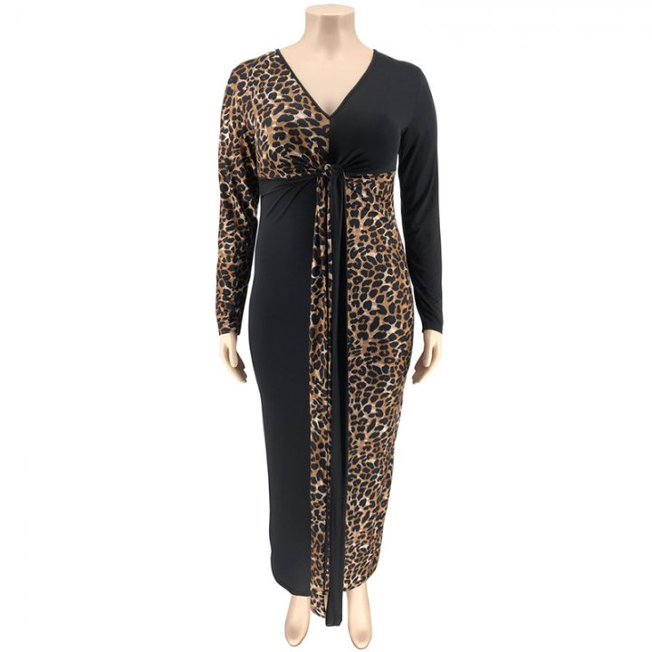 Leopard tight printing belt long large yard dress for women