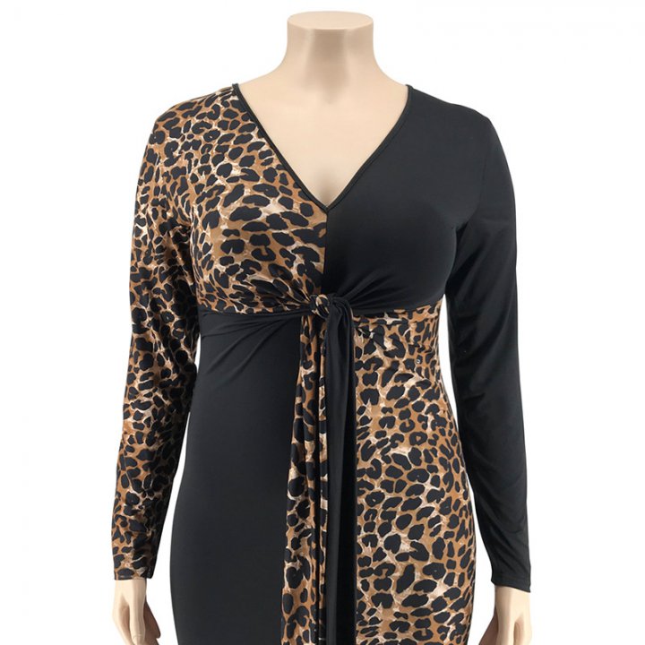 Leopard tight printing belt long large yard dress for women
