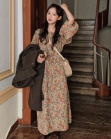 Korean style small square collar pinched waist flowers dress
