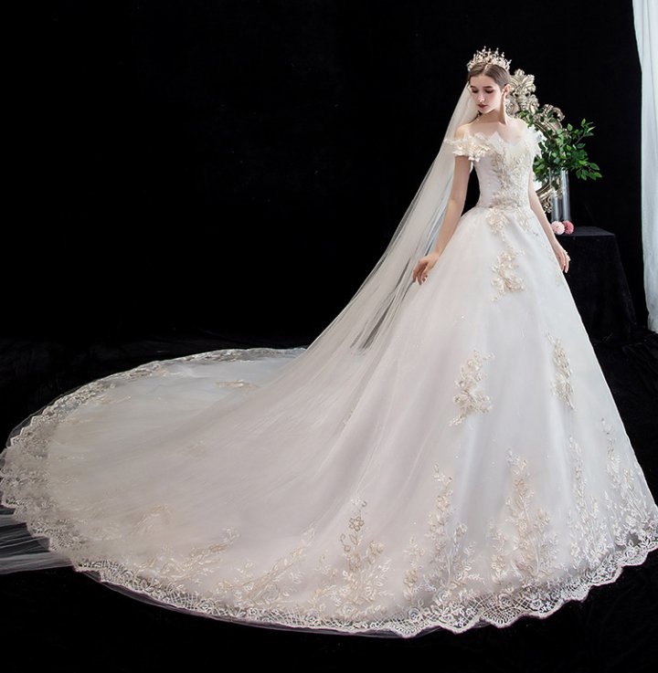 Flat shoulder beautiful dream bride big trailing wedding dress