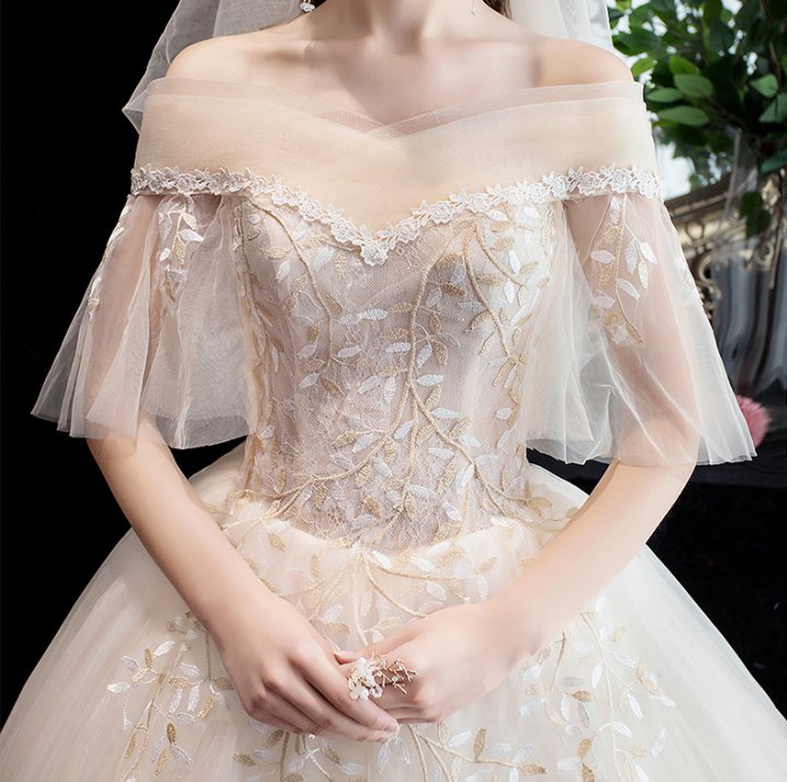 Flat shoulder formal dress thick arm wedding dress
