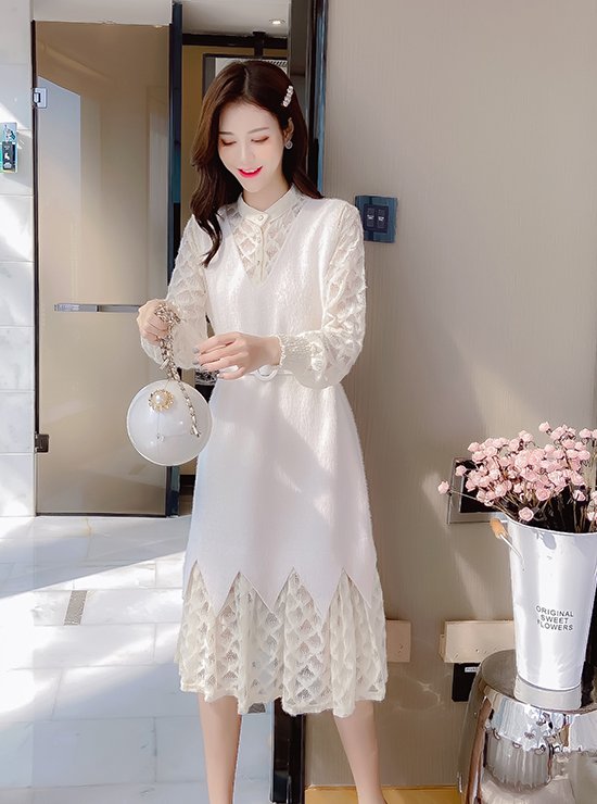 Winter long lady pinched waist lace temperament dress