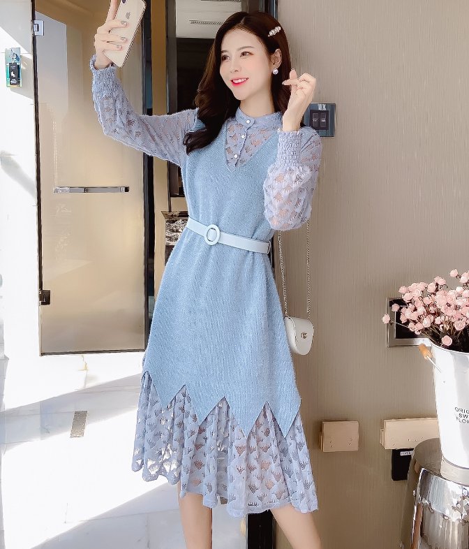 Winter long lady pinched waist lace temperament dress