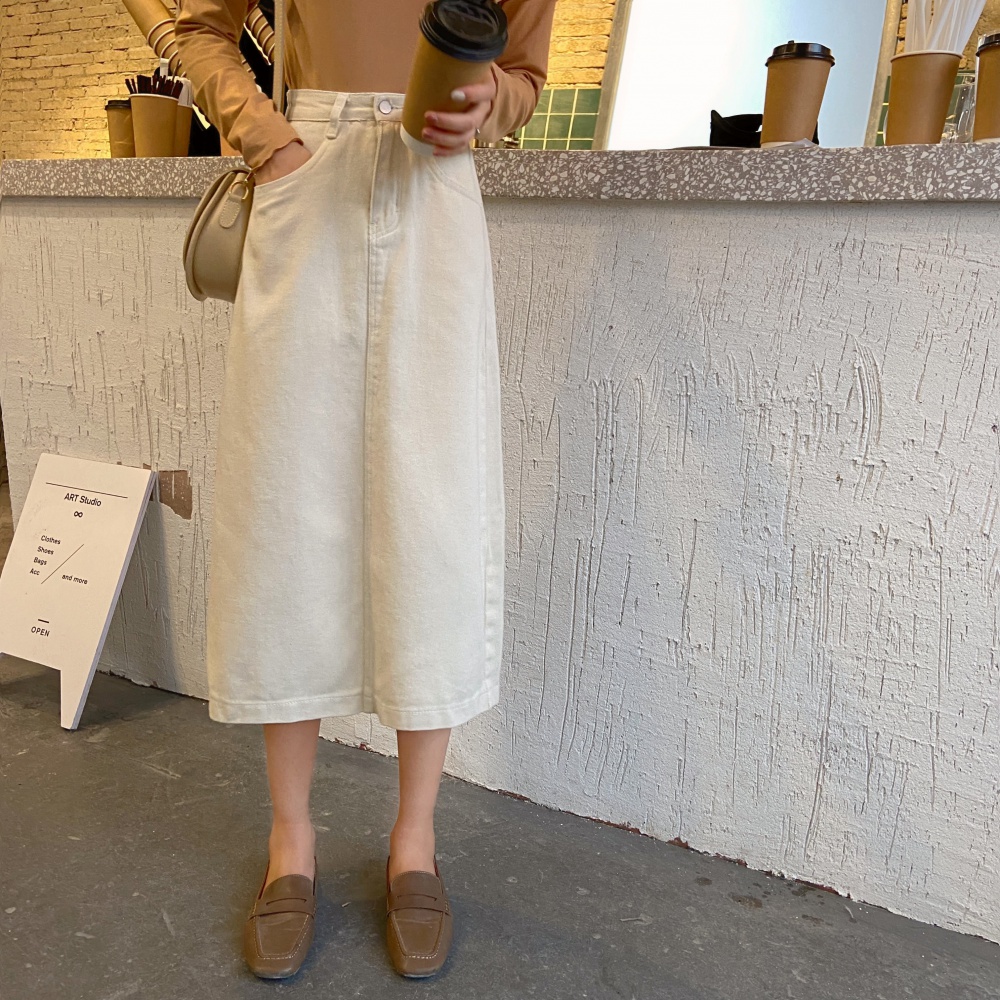 Denim high waist adjust buckle white slim spring skirt