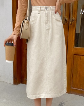 Denim high waist adjust buckle white slim spring skirt
