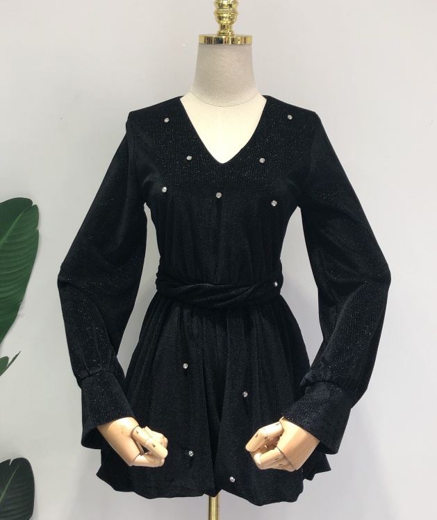 Black long sleeve sexy V-neck high waist velvet jumpsuit