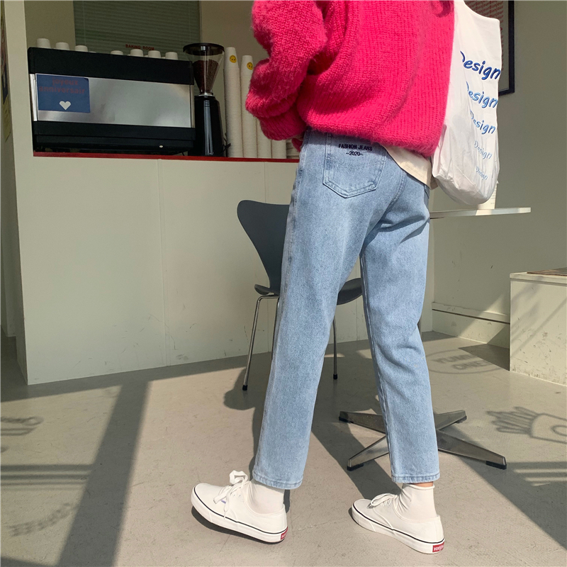 Straight light color nine pants embroidery jeans