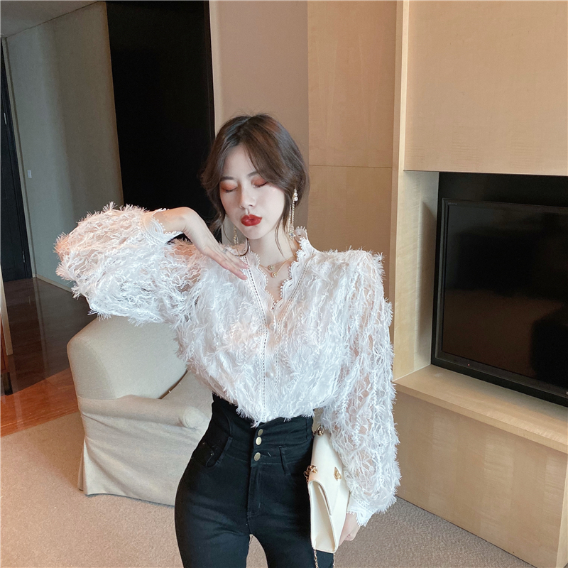 Sweet hollow lace shirt slim V-neck long sleeve tops