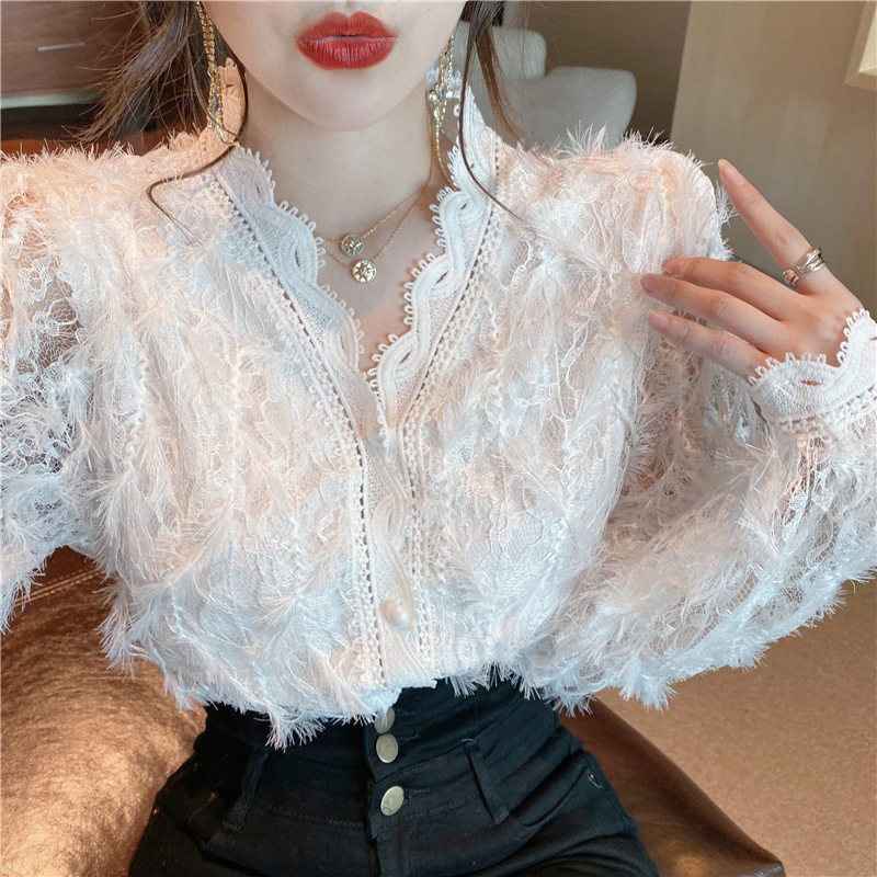 Sweet hollow lace shirt slim V-neck long sleeve tops