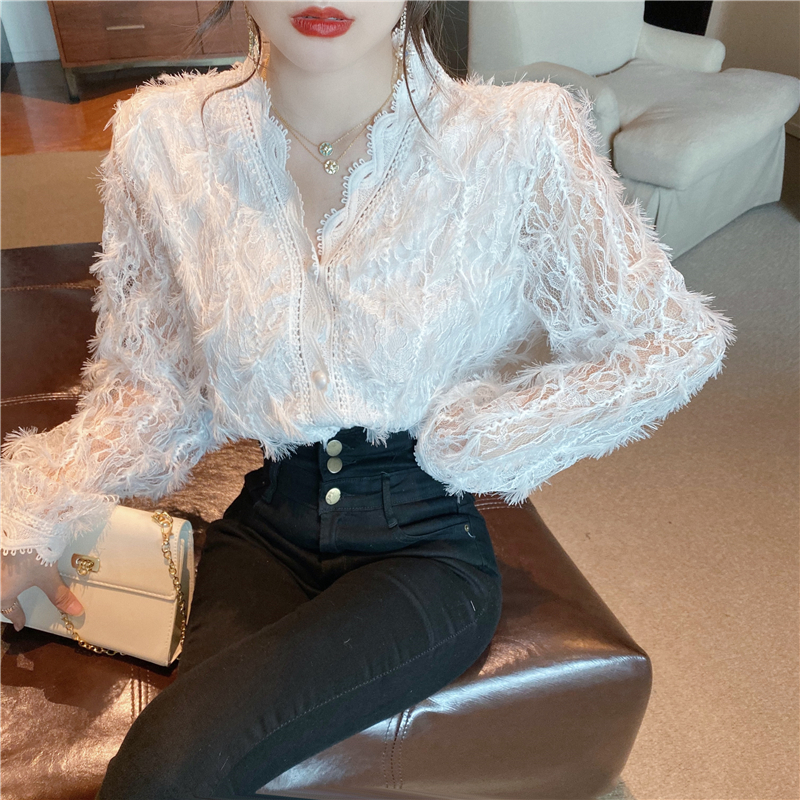 Sweet hollow lace shirt slim V-neck long sleeve tops