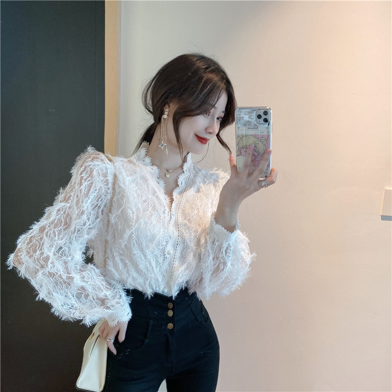 Sweet hollow lace shirt slim V-neck long sleeve tops