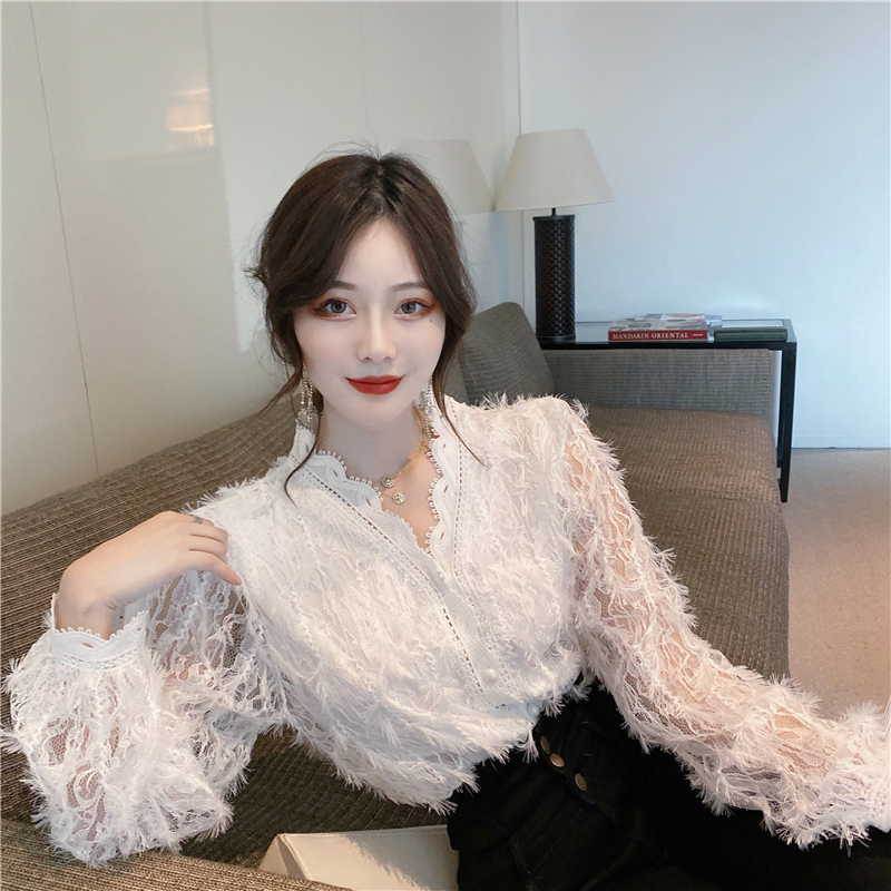 Sweet hollow lace shirt slim V-neck long sleeve tops