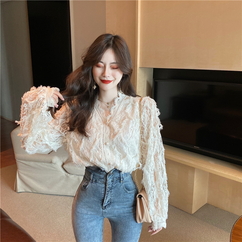 Sweet hollow lace shirt slim V-neck long sleeve tops