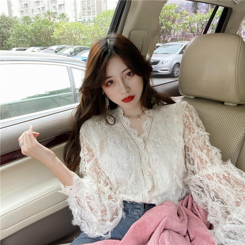 Sweet hollow lace shirt slim V-neck long sleeve tops