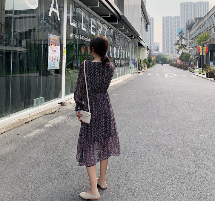 Long sleeve chiffon dress spring floral clavicle