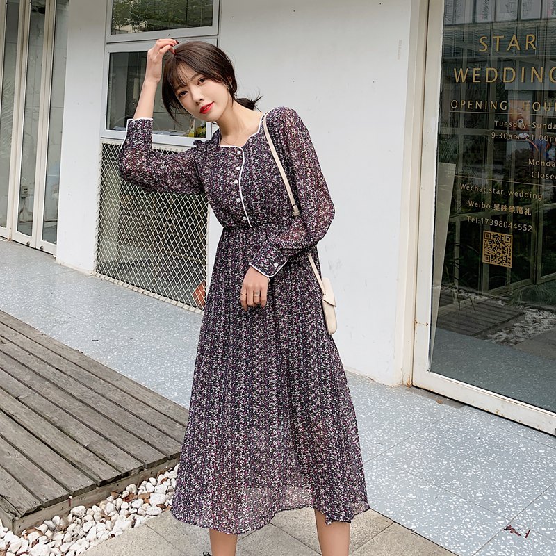 Long sleeve chiffon dress spring floral clavicle