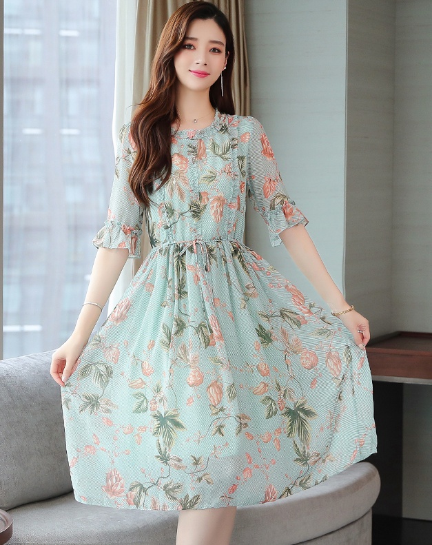 Slim summer floral dress exceed knee large yard long dress