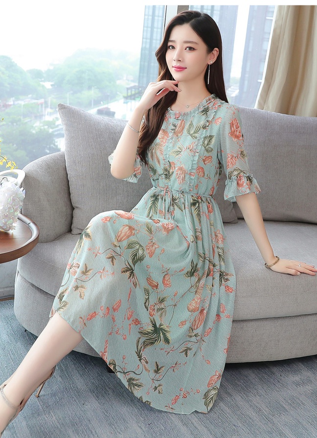 Slim summer floral dress exceed knee large yard long dress
