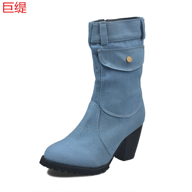 Large yard European style denim high-heeled women's boots