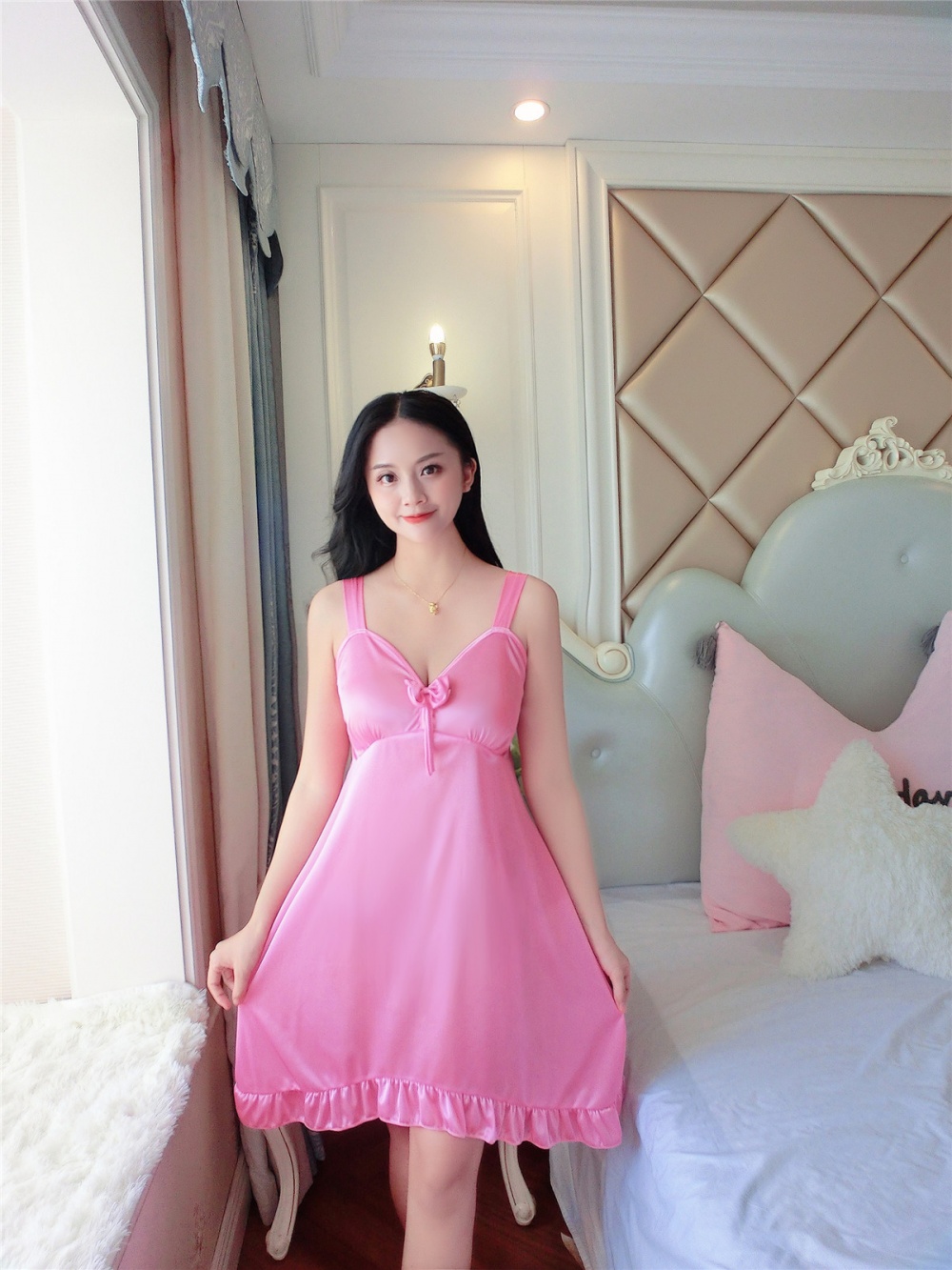 Homewear ice silk pure sling nightdress for women