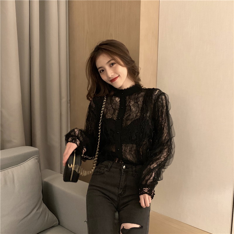 Long sleeve gauze lace perspective spring sexy shirt