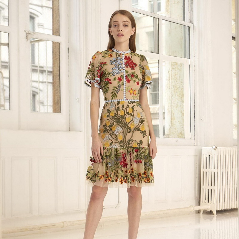 Short sleeve summer high waist embroidery dress for women