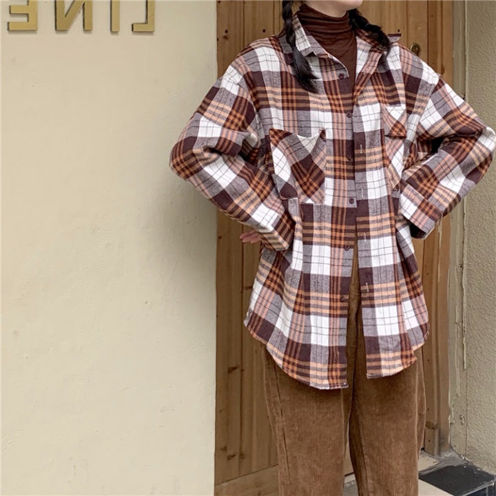 Multi buckles conventional long plaid all-match tops