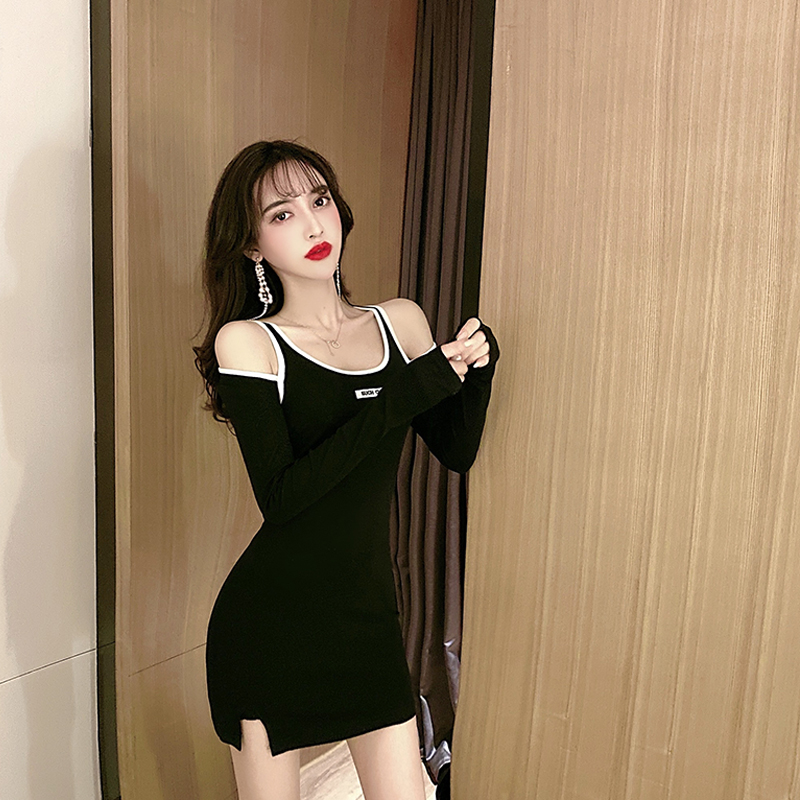 Slim sexy split long sleeve bottoming embroidered dress