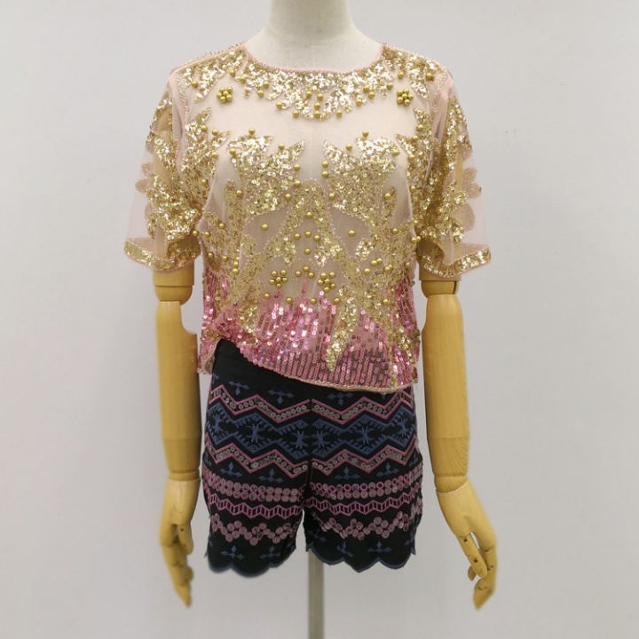 Lace perspective tops sequins beading shirts for women